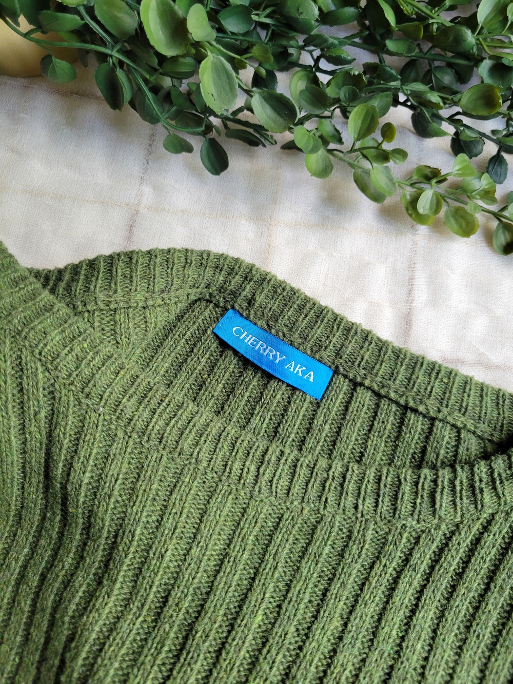 Olive Green Ribbed Sweater - Picture 5 of 6